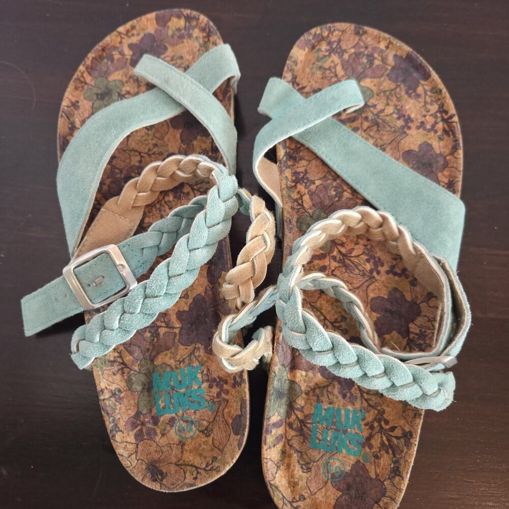 Muk Luks Estelle Ankle Strap Toe Loop Sandal Blue Floral Size 10 - Picture 5 of 7
